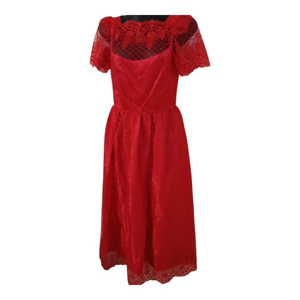 Vtg Red Lace Midi Dress‎ Womens Short Sleeve Sheer Yoke 80s Cocktail Prom